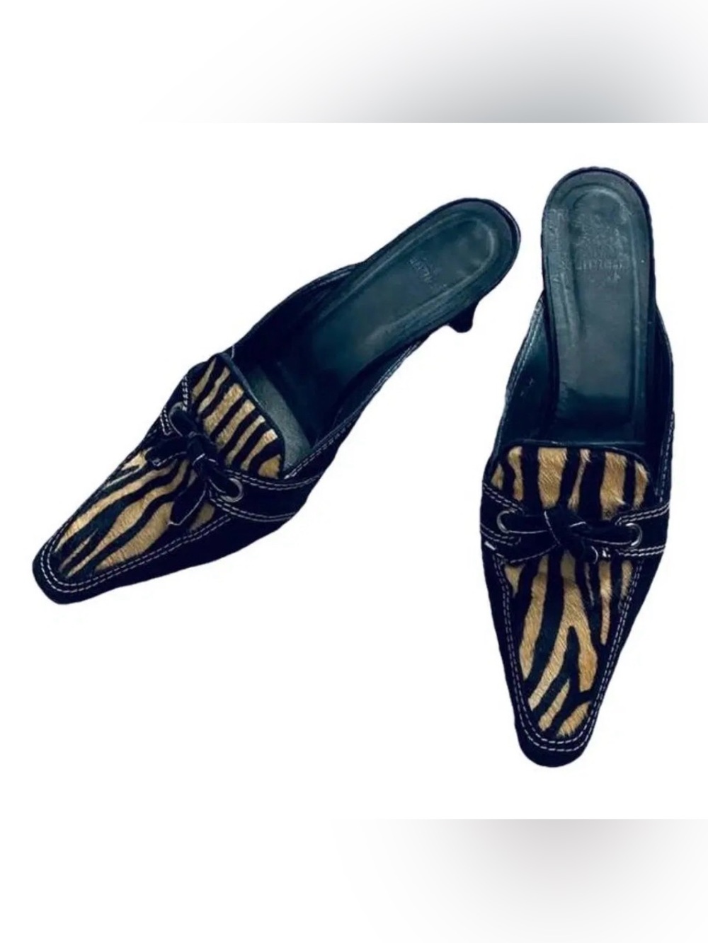 Stuart Weitzman Black & Tan Zebra Tiger pointed toe Slip-On Mules size 8 EUC